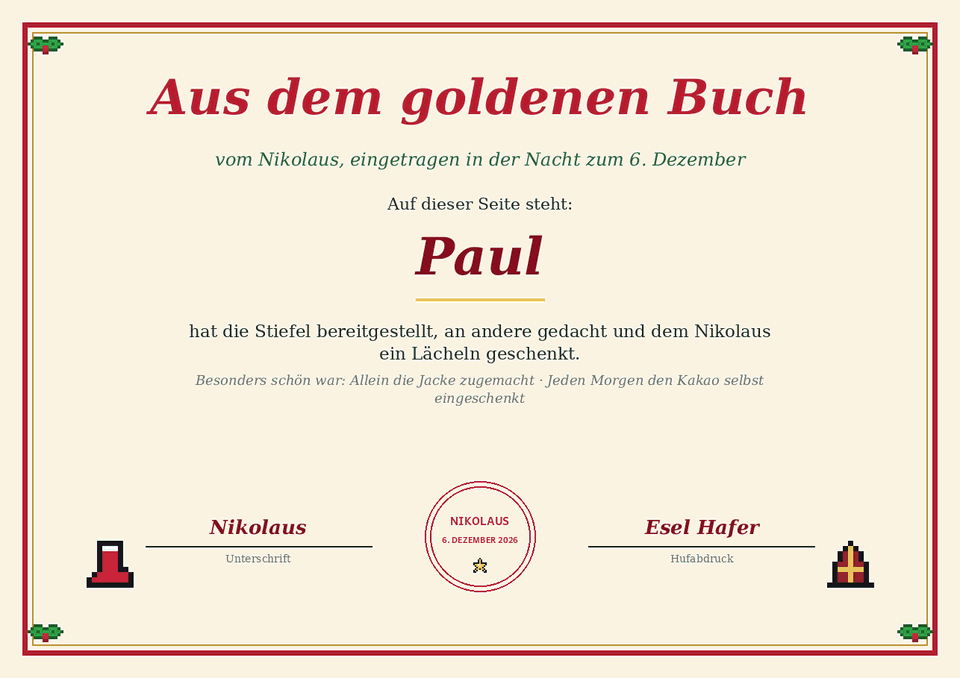 Eintrag aus dem goldenen Buch des Nikolaus mit Namen und Stempel