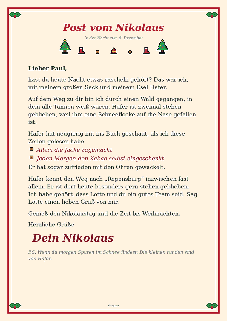 Brief vom Nikolaus mit Namen und einer Liste, was das Kind geschafft hat