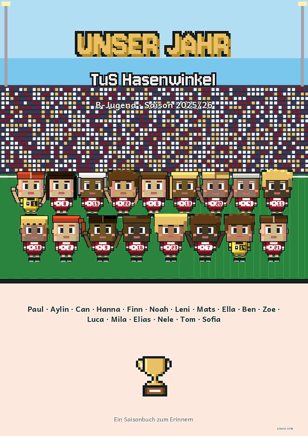 Titelseite eines Saisonbuchs der B-Jugend mit Pixelfiguren