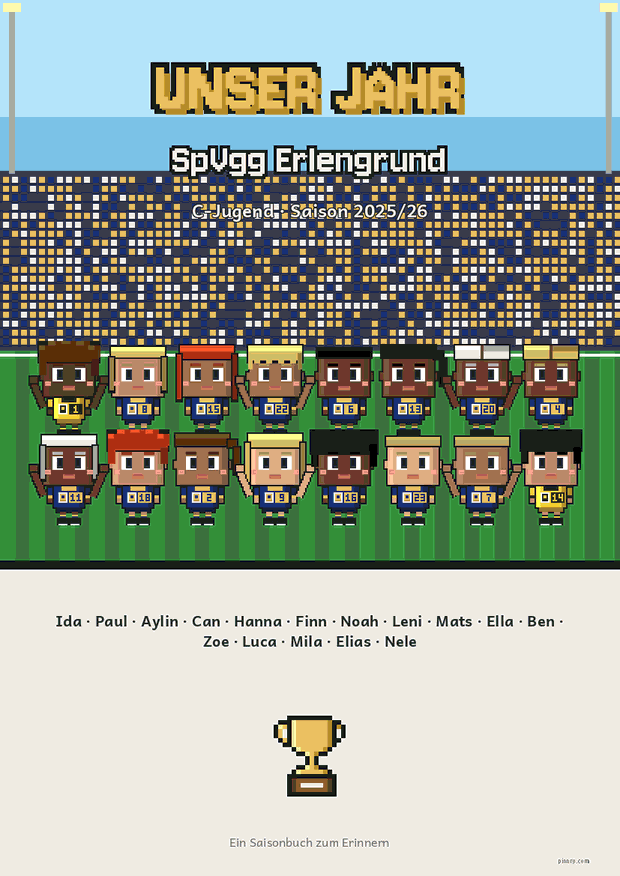 Titelseite eines Saisonbuchs der C-Jugend mit Pixelfiguren