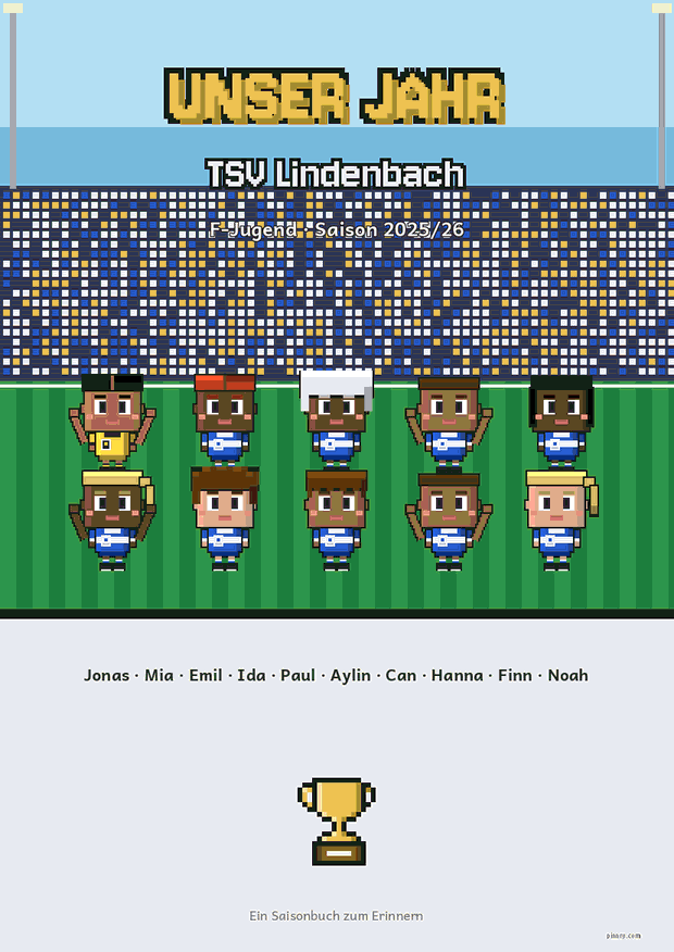 Titelseite eines Saisonbuchs der F-Jugend mit Pixelfiguren