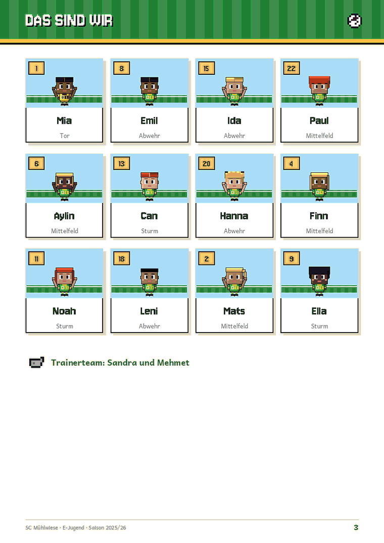 Kaderseite mit Pixelfigur, Name, Nummer und Position