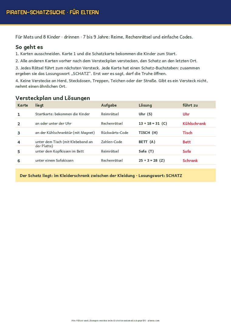 Versteckplan für Eltern mit Lösungen aller Rätsel