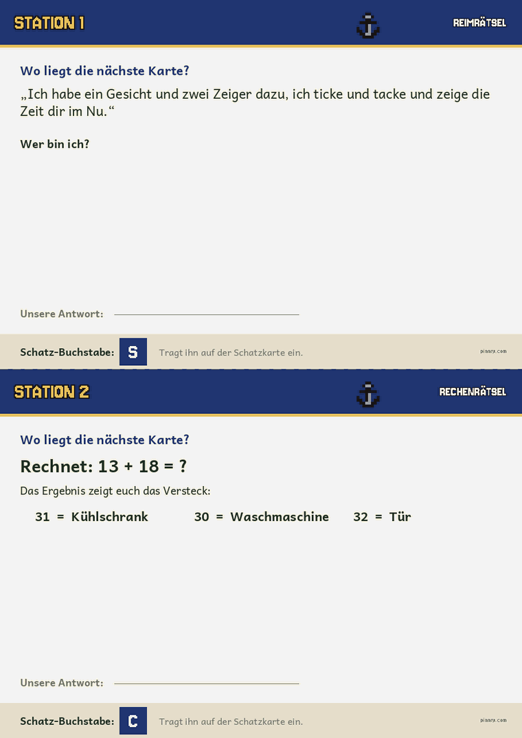 Stationskarten der Schatzsuche mit Rätseln und Schatz-Buchstaben