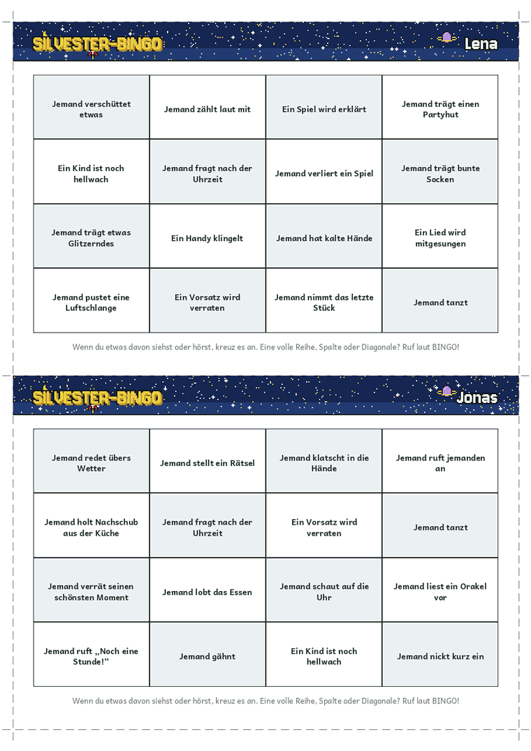 Silvester-Bingo mit 16 Feldern, jede Karte anders gemischt