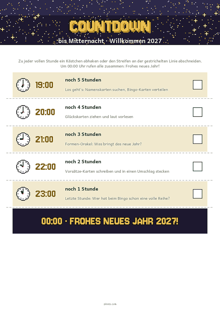 Countdown-Plakat bis Mitternacht mit einem Streifen für jede Stunde zum Abhaken