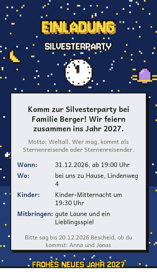 Einladung zur Silvesterparty als Bild fürs Handy