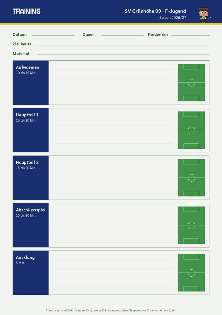 Trainingsplan für eine Einheit mit Aufwärmen, Hauptteil und Abschlussspiel