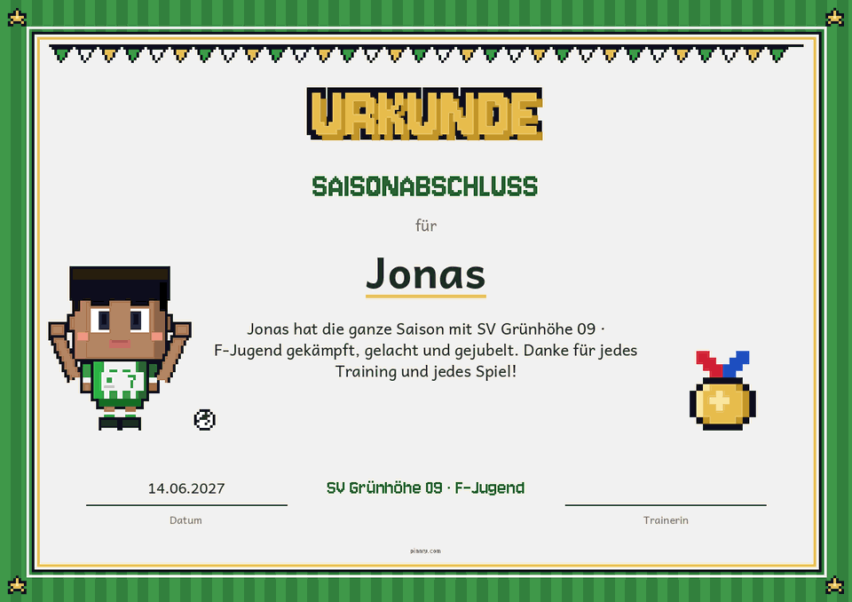 Fußball-Urkunde zum Saisonabschluss mit Mannschaftsname und Pixel-Spieler