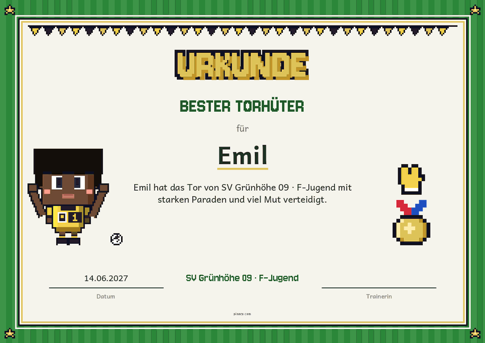 Fußball-Urkunde Bester Torhüter mit Torwarthandschuh und Pokal