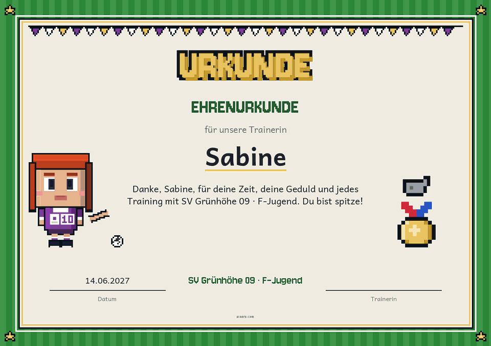 Ehrenurkunde für die Trainerin mit Pfeife und Medaille