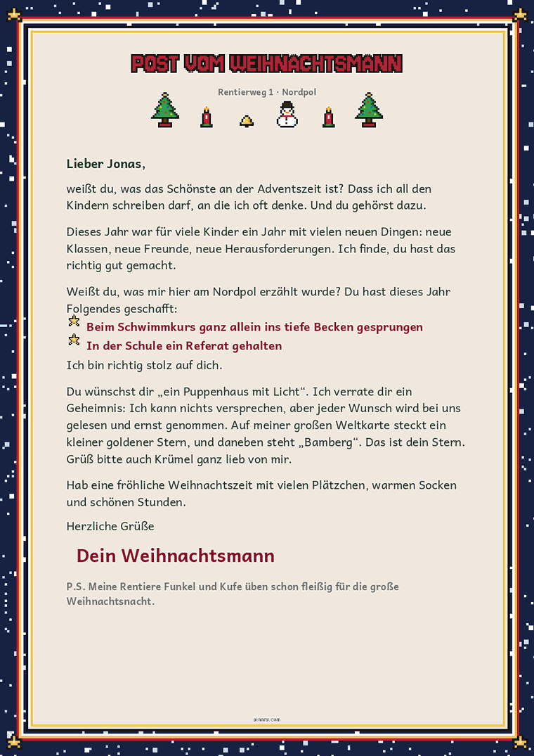 Brief vom Weihnachtsmann im pinnry-Pixel-Stil
