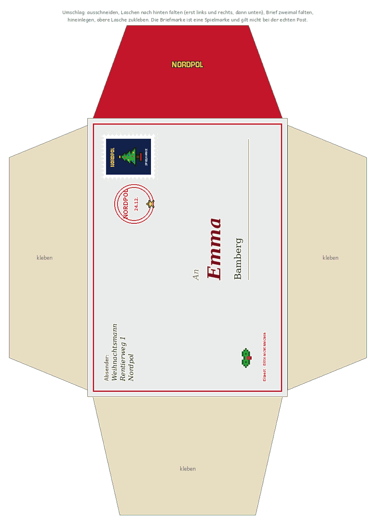 Umschlag zum Ausdrucken und Falten mit Nordpol-Absender und Pixel-Spielbriefmarke
