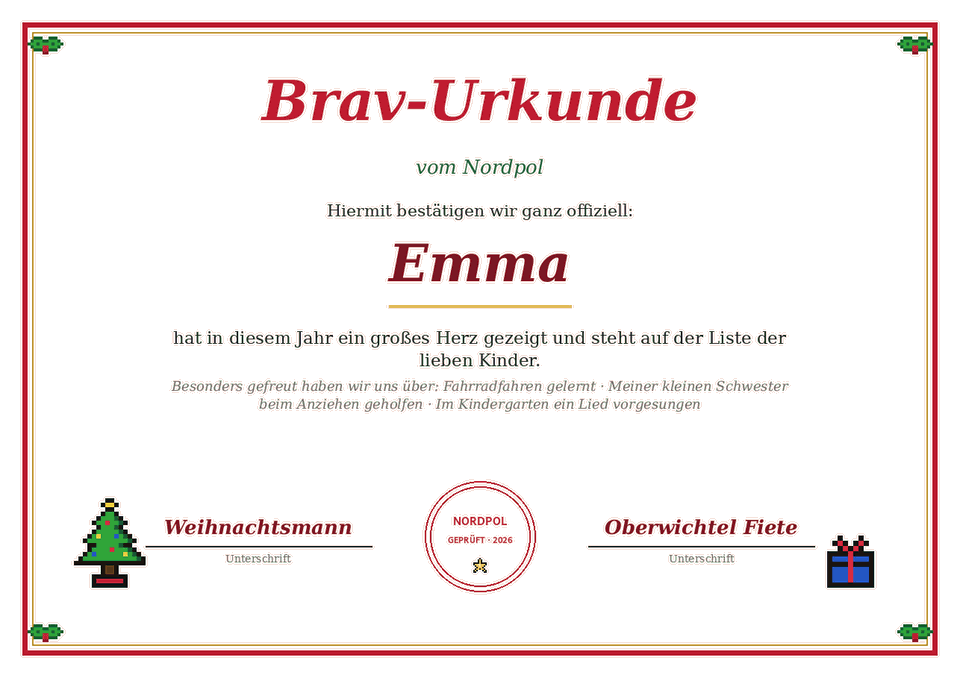 Brav-Urkunde vom Nordpol mit Namen, Unterschrift und Stempel