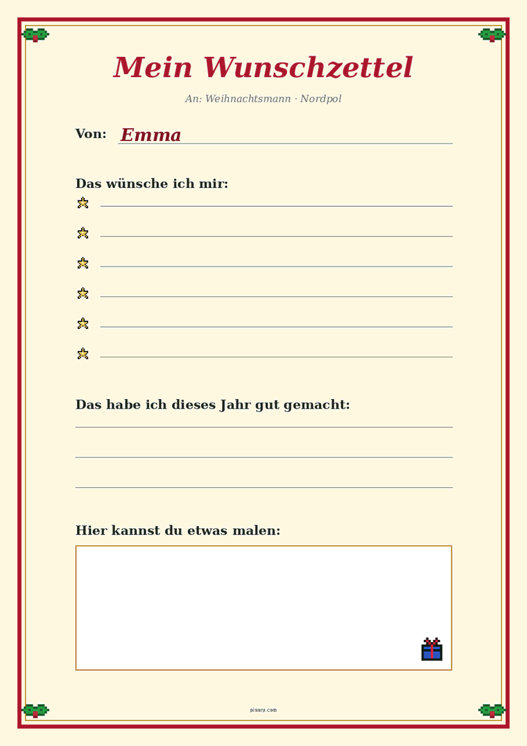 Wunschzettel zum Ausfüllen mit Namen des Kindes