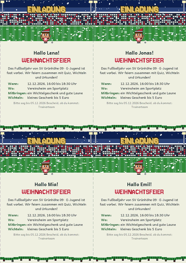 Einladungen zur Weihnachtsfeier der Fußballmannschaft mit Namen der Kinder