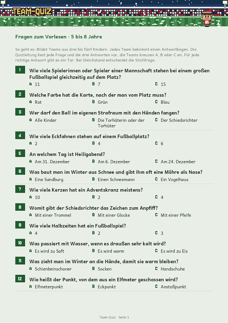 Weihnachtsquiz für Kinder mit Fußballfragen und drei Antworten zur Wahl