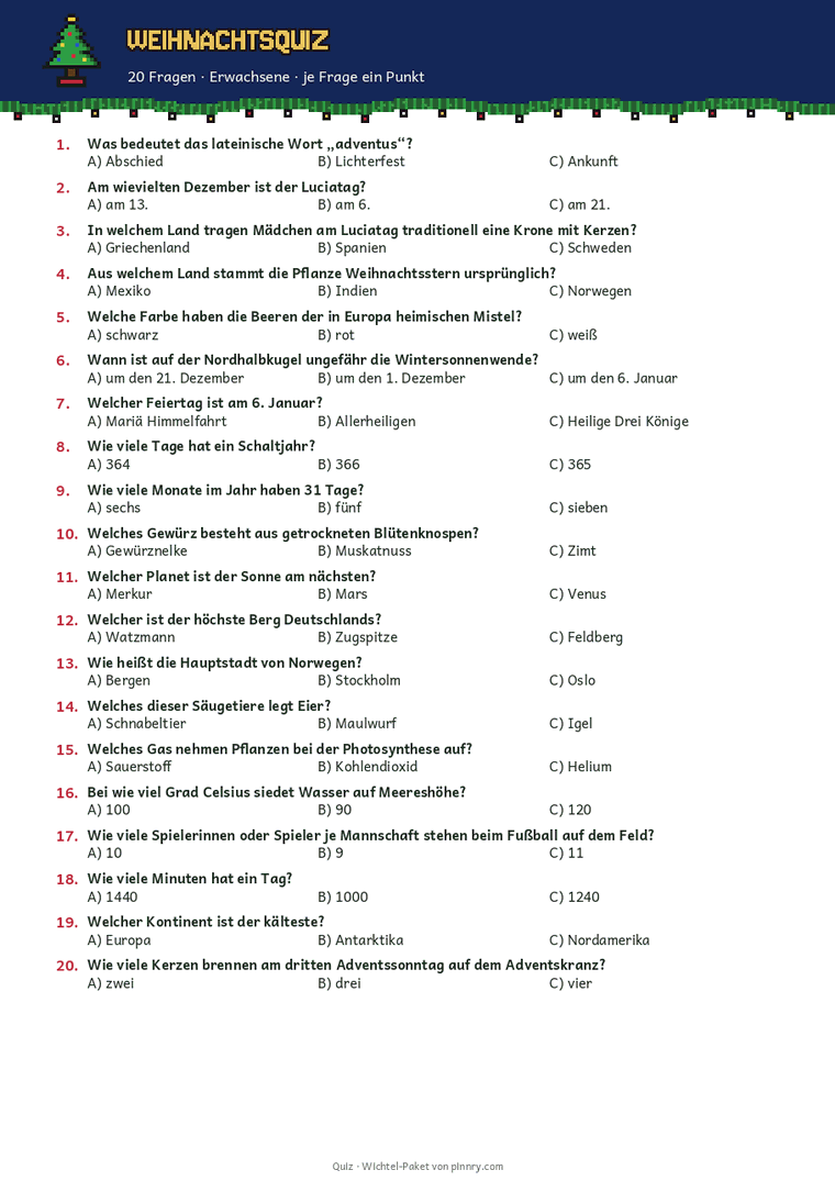 Weihnachtsquiz mit 20 Fragen und drei Antworten zur Wahl