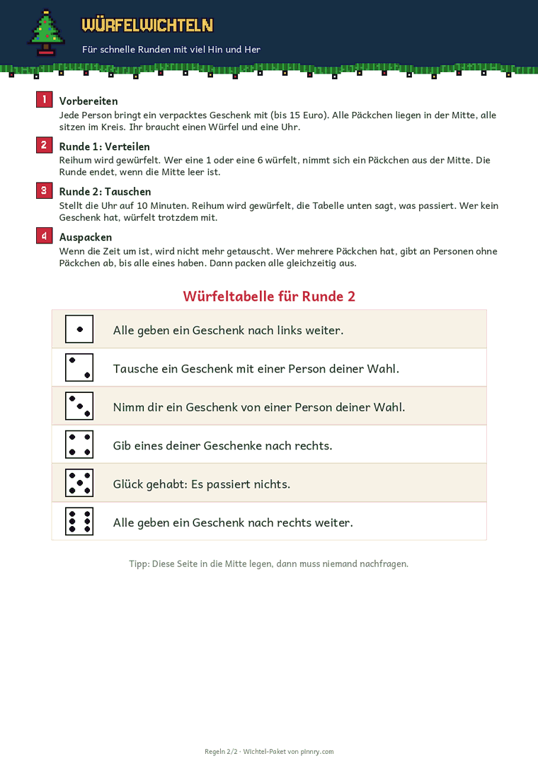 Regeln für Würfelwichteln mit Würfeltabelle