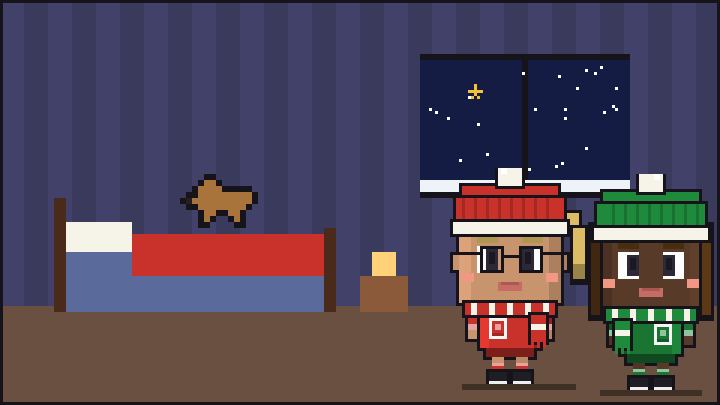 Pixelbild: Im Kinderzimmer am Abend. Mittendrin Lotta mit Wintermütze und Schal.
