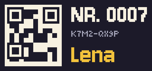Beispiel der Pixel-Plakette mit Nummer, Code, QR-Code und Name
